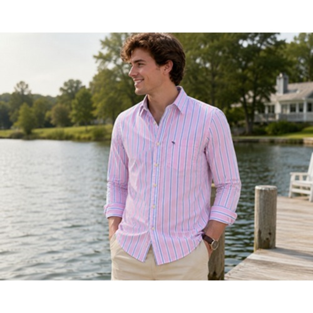 Abercrombie & Fitch Shirt Mens Small Pink Blue Stripe Button Front Long Sleeve‎